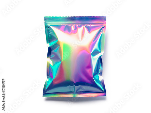 Colorful holographic foil packaging mockup isolated on a white background. Vibrant and eye-catching design suitable for futuristic branding and luxury product mockups.