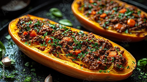 Baked spaghetti squash topped with rich vegan bolognese sauce HD 8K eid ul azha wallpaper Photographic Image