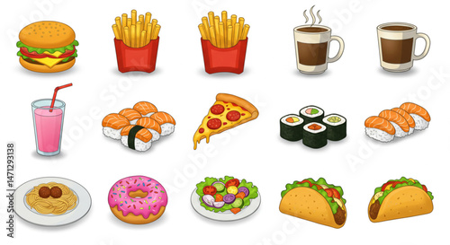 Assorted Cartoon Food Icons | Vector Illustration of Burger, Fries, Pizza, Sushi, and Tacos for Restaurant Menus, Website Graphics, and Food Delivery Apps