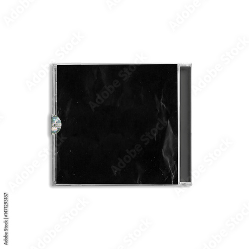 Back view of a closed CD case with dark grungy insert. Suitable for retro music mockups, album branding, or vintage-style physical media displays.