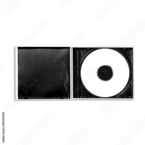 Top view of an open CD jewel case showing a blank white disc on one side and black insert on the other. Perfect for digital product mockups, music branding, or presentation templates.