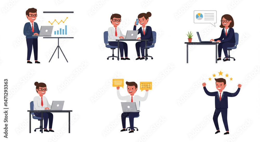 Cartoon Business People in Office | Presentation, Collaboration, Working at Desk, Celebration, Computer Use for Marketing, Design and Web Cartoon Business People in Office | Presentation, Collaboration, Working at Desk, Celebration, Computer Use for Marketing, Design and Web