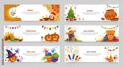 Festive Holiday Celebration Banner Collection | Multi-Cultural Seasonal Design Set for Diwali, Christmas, Halloween, Holi, and Eid