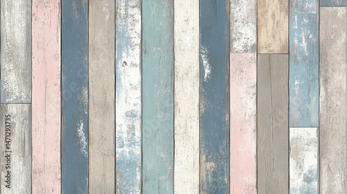 Distressed Wood Planks in Pastel Colors Overhead View Rustic Style Textured Background for Design Element or Backdrop