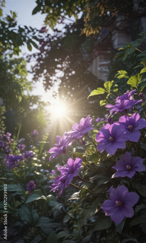 Obraz premium Intricate purple flower, lush leaves, sunlight , color, purple flower, beautiful