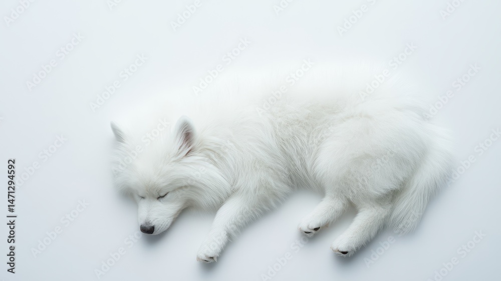 Fototapeta premium Fluffy white dog sleeping peacefully, adorable canine curled up on soft surface, perfect for pet-themed content or cozy vibes.