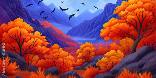 Vibrant Autumn Landscape with Fiery Orange Foliage, Majestic Mountains, and Soaring Birds Creating a Serene Safari Adventure in Nature's Breathtaking Beauty