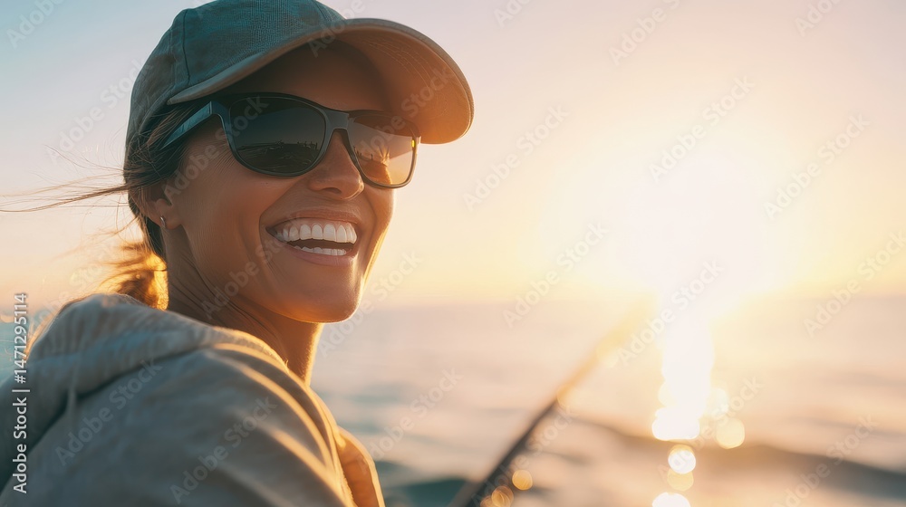 Fototapeta premium Happy woman fishing at sunrise, smiling in casual attire, enjoying serenity of nature, vibrant colors and calm waters.
