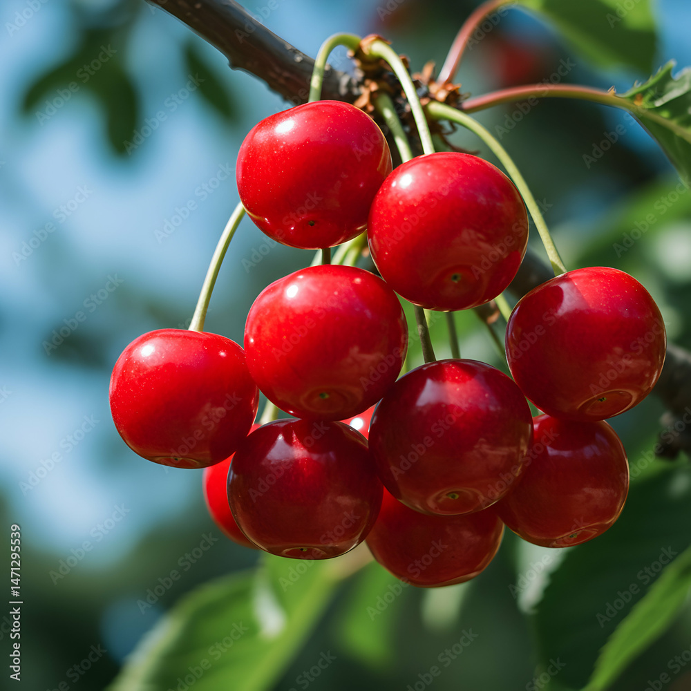 Obraz premium Fresh Red Cherries on Branch: Juicy Summer Fruit
