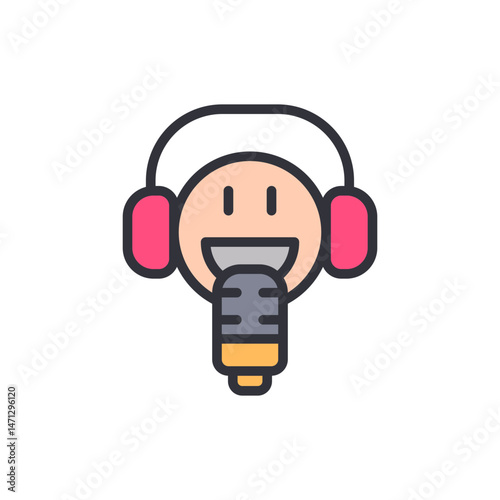 Cheerful icon illustrating podcasting, music, voice recording with microphone