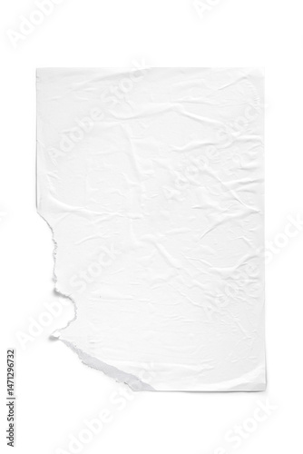 A vertical white sheet with a bold torn edge on the bottom-left corner. Displayed over a dark background, the wrinkles and texture add realism, making it ideal for vintage or raw-style design mockups.