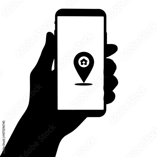 Silhouette of smartphone displaying location pin, digital navigation