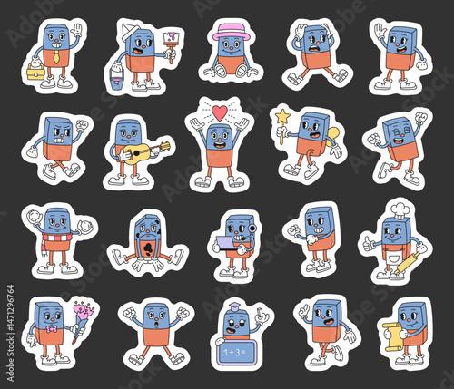 Eraser cartoon characters with emotions and actions for retro educational office musical magical festive lifestyle illustrations in groovy outline style