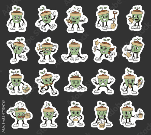 Plant pot cartoon characters with emotions actions costumes tools food and magical fantasy elements in outline style
