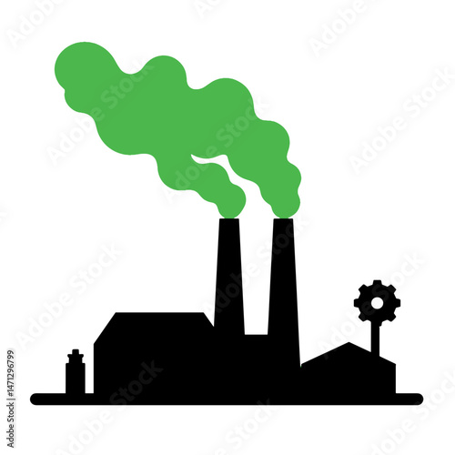Factory silhouette emitting green smoke against white background, pollution concept