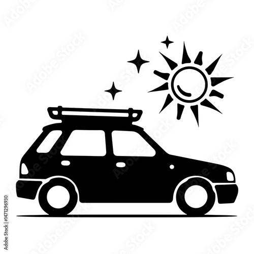 Silhouette of solar-powered car with sun and spark, eco-friendly concept