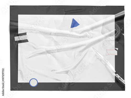A Transparent stylish white paper mockup wrapped in transparent plastic, adorned with graphic elements including colored stickers and black tape. This creative scene is perfect for artistic branding.