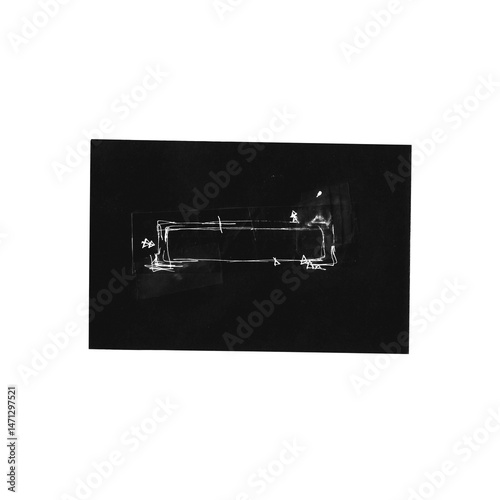 A minimal abstract composition featuring a white hand-drawn sketch on black paper, taped with transparent strips. This artsy visual is ideal for collage assets, zine layouts, or contemporary poster.