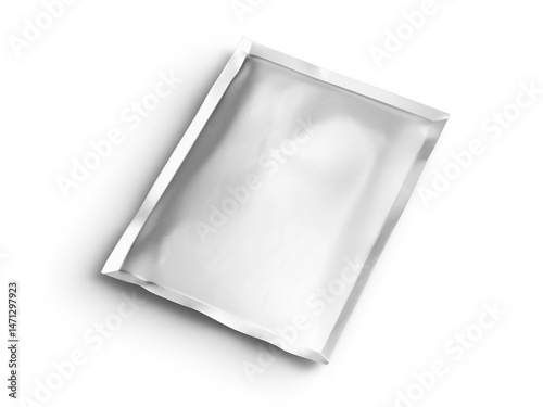 A shiny white foil packaging mockup with subtle crinkles, placed diagonally on a black background. This clean and modern packaging scene is perfect for branding previews, e-commerce visuals.