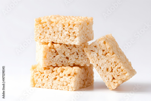Rice Krispie square treat, light and crispy squares made from puffed rice cereal isolated on white