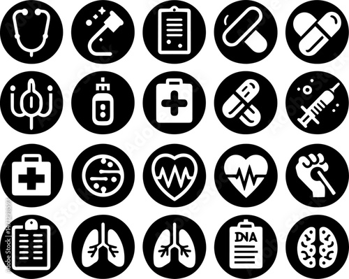 Minimalist medical icon set in black and white style featuring stethoscope, heart, DNA, syringe, lungs, doctor, pill, virus, blood, and medical tools.