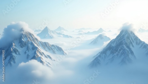 Majestic Snow Capped Mountains Rising Above a Sea of Clouds at Dawn