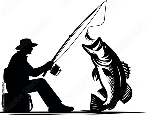 Silhouette of Fisherman Hooking Bass Fish Ideal for Angler Gifts and Nature Scene Art