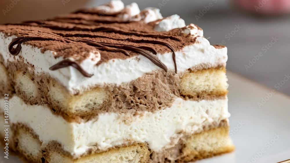 Elegant layered dessert slice with ladyfingers, cream, coffee powder, and chocolate drizzle, a visually delicious treat on a white plate Elegant layered dessert slice with ladyfingers, cream, coffee powder, and chocolate drizzle, a visually delicious treat on a white plate