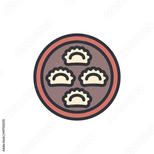 Round plate of delectable asian dumplings isolated on White Background