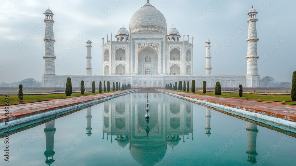 Naklejka premium Symmetrical white architecture reflected in tranquil pool of water