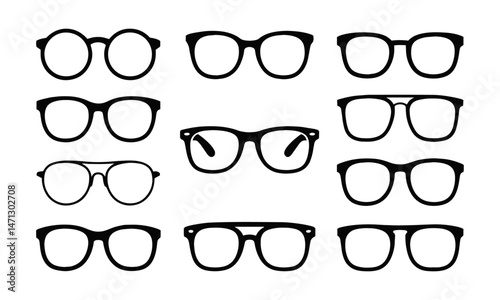 Modern vector illustration set featuring a variety of eyeglass and sunglasses silhouettes, easily scalable and editable.