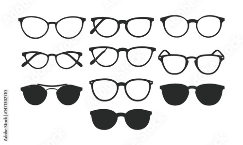 Modern vector illustration set featuring a variety of eyeglass and sunglasses silhouettes, easily scalable and editable.