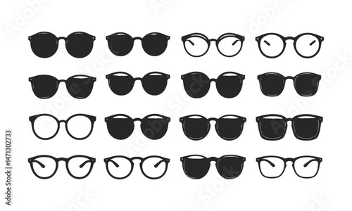 Modern vector illustration set featuring a variety of eyeglass and sunglasses silhouettes, easily scalable and editable.