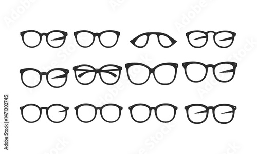 Modern vector illustration set featuring a variety of eyeglass and sunglasses silhouettes, easily scalable and editable.