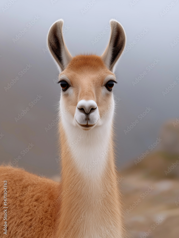 Fototapeta premium A llama with fur that is red and orange, in a foggy background, 