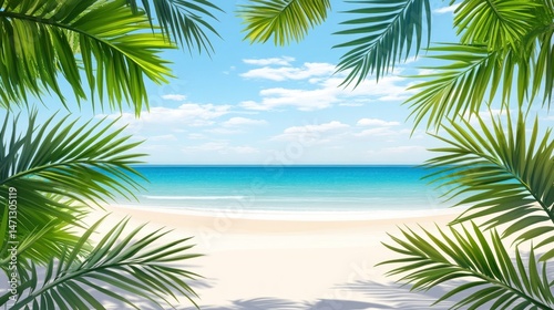 Tropical beach paradise framed by lush palm fronds under a clear blue sky with gentle waves