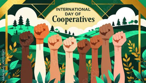 International Day of Cooperatives Illustration with Raised Fists and Natural Landscape