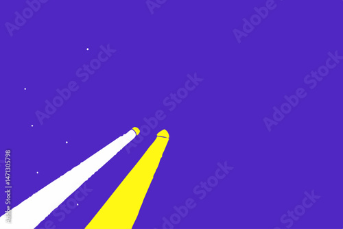 Bright beams of yellow and white light shine across a deep purple night sky tiny white dots