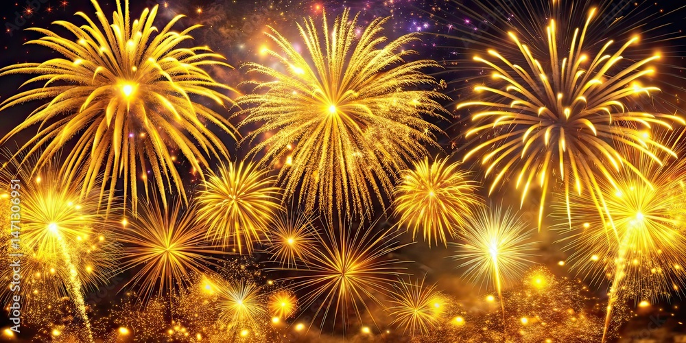 Fototapeta premium Gold Fireworks Close-up, Long Exposure, Colorful Night Sky, AI Art