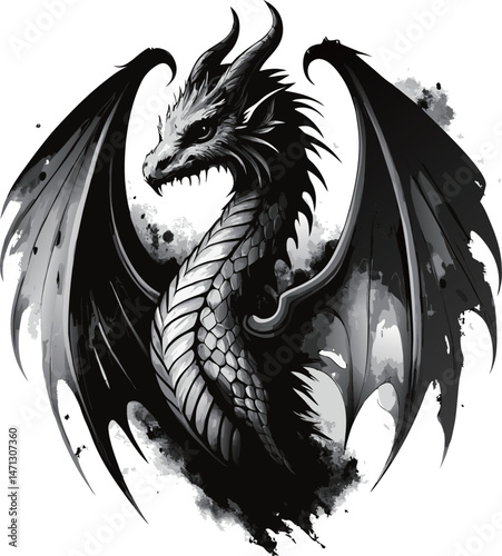 Majestic Black and White Winged Dragon Illustration