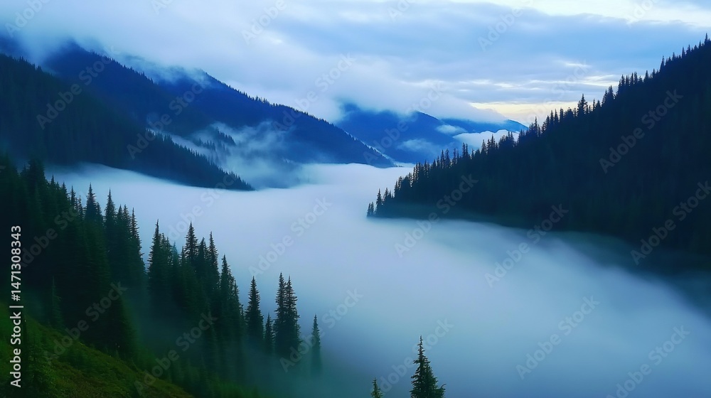 Obraz premium Serene Misty Landscape with Majestic Mountains and Evergreen Trees