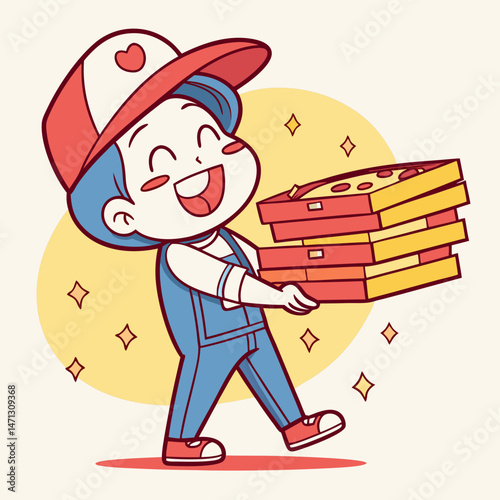 Cute delivery driver cartoon with oversized pizza box smile