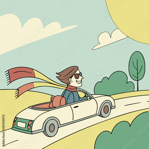 Cartoon driver in convertible with flying scarf and shades