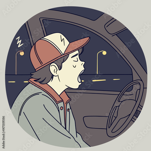 Sleepy night-shift driver cartoon yawning in moonlit cab