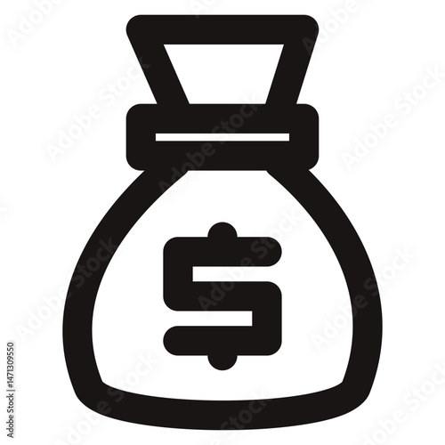 Money Bag Icon with Dollar Sign – Finance, Wealth, and Investment Symbol in Minimalist Outline Icon Style