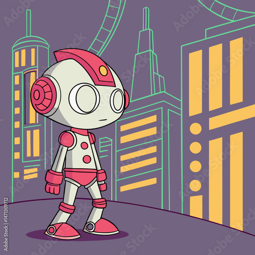 Robot doll cartoon with metallic joints, digital eyes, futuristic setting