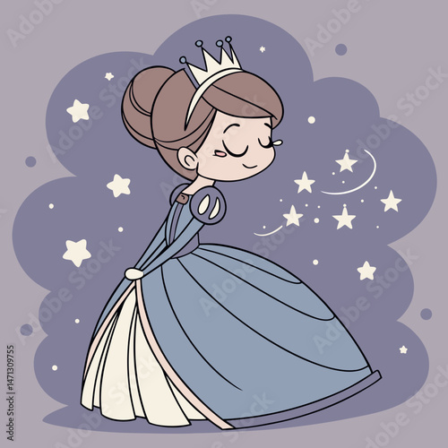 Princess doll cartoon in royal gown, sparkling tiara, magical background
