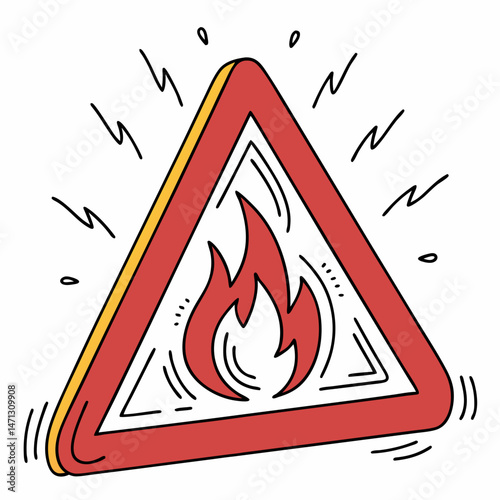 Fire hazard triangle icon with ember sparks and warning lines