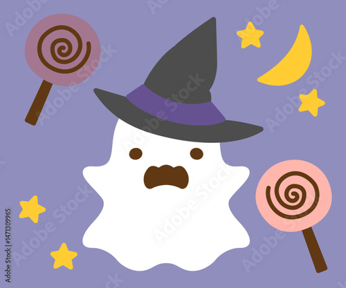 帽子をかぶったハロウィンのかわいいオバケとキャディ