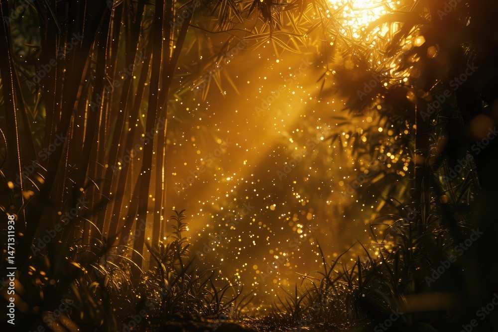 Obraz premium Golden light illuminating a mystical bamboo forest path.